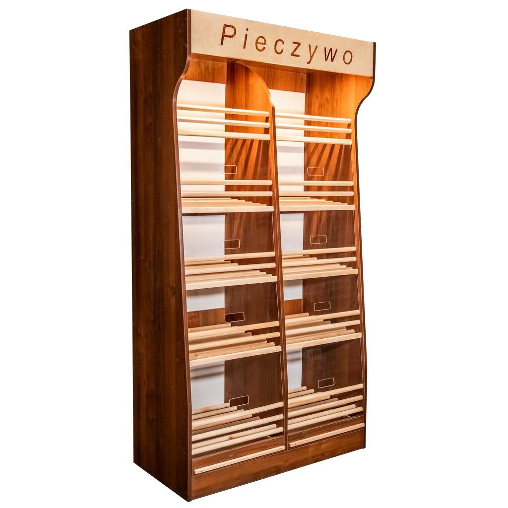 Regał na pieczywo H-200 cm L-100 cm G-50 cm plexi oświetlenie LED orzech ecco