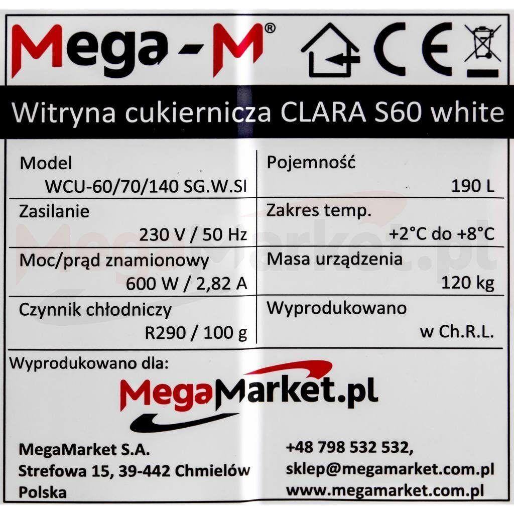 Tabliczka znamionowa w witrynie cukierniczej marki Mega-M CLARA S60