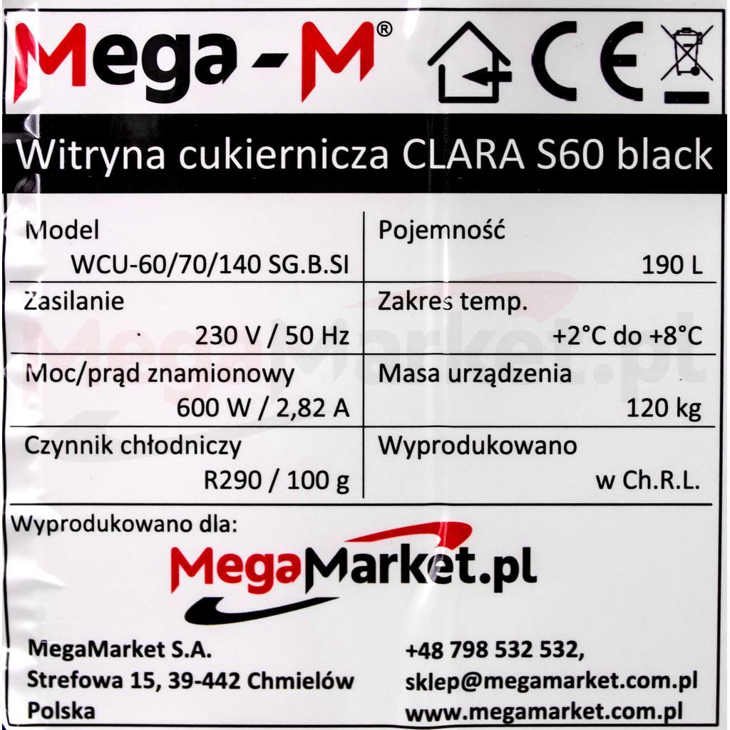 Witryna chłodnicza, cukiernicza Mega-M Clara S60 szyba gięta specyfikacja
