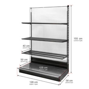 Zdjęcie produktu: Regał sklepowy WANZL przyścienny H-155 cm L-128 cm 3 półki tył poliwęglan moduł dostawny