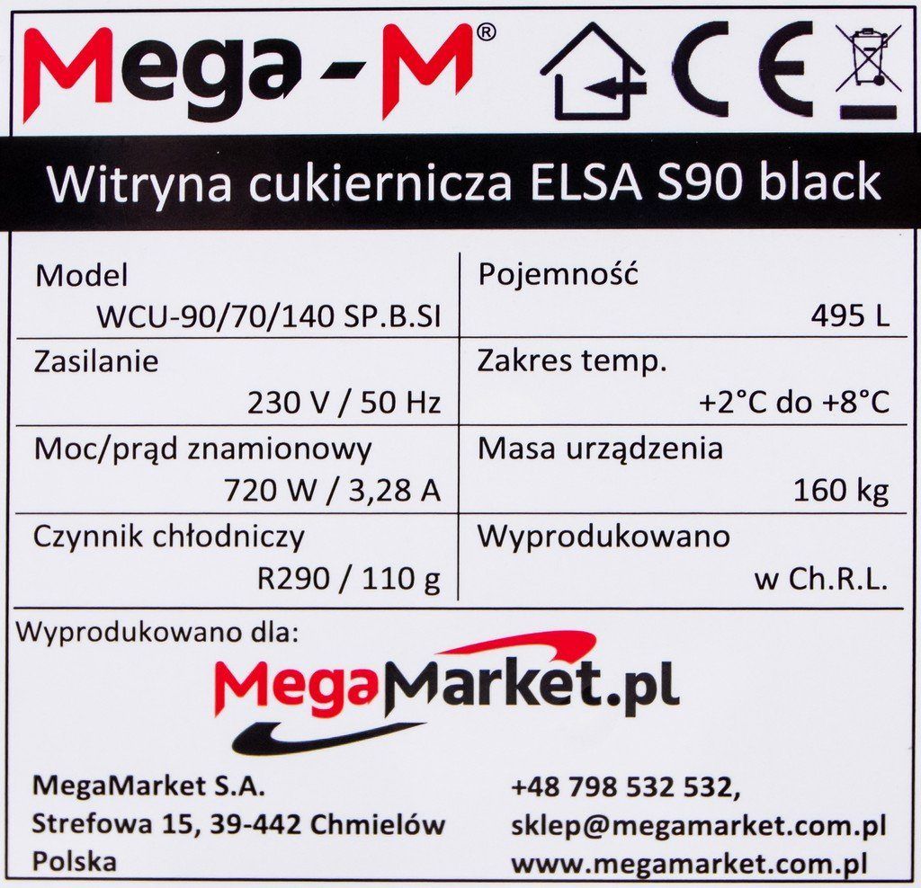 Witryna cukiernicza Mega-M Elsa S90 czarna specyfikacja