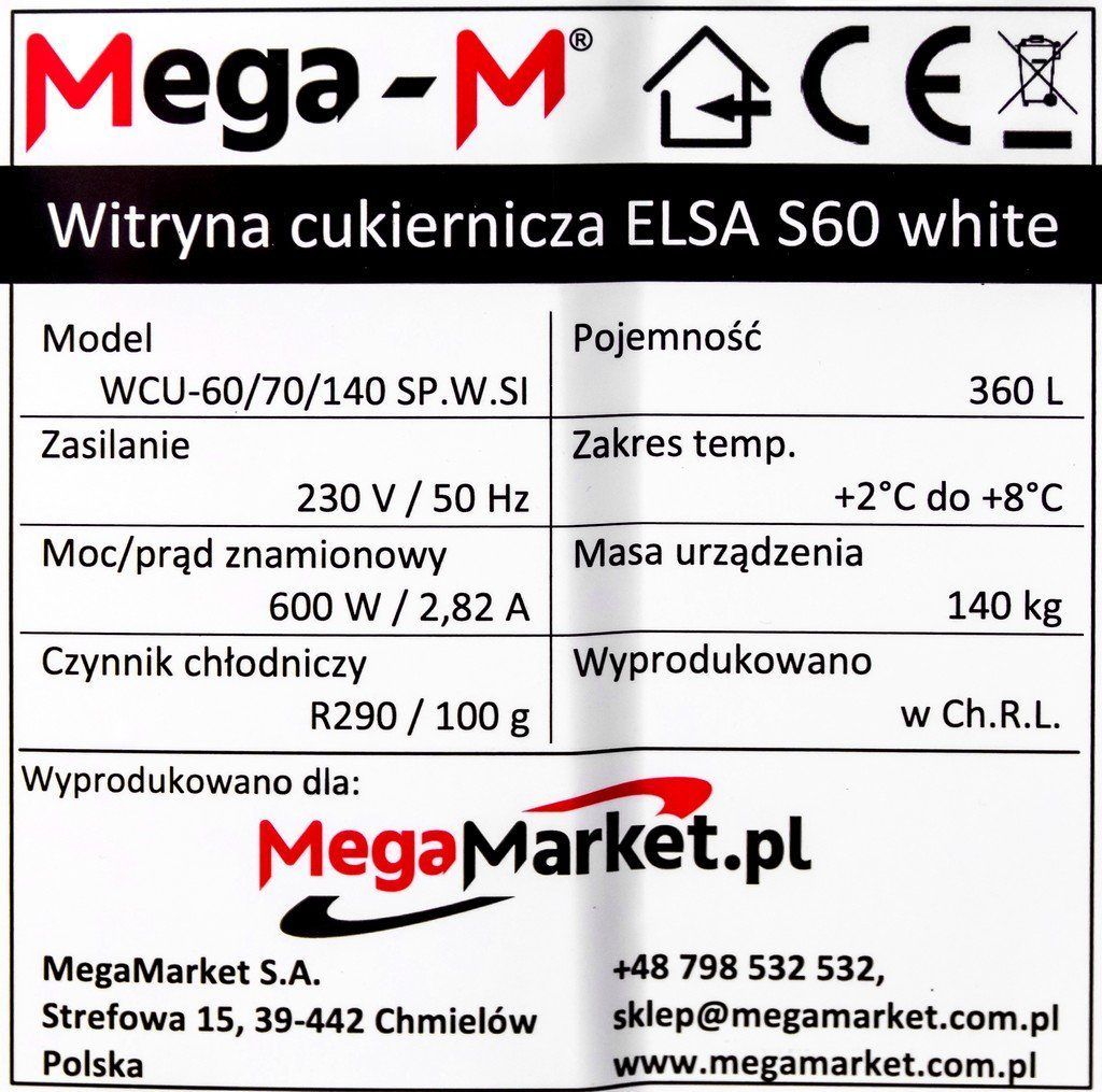 Witryna cukiernicza Mega-M CNC72 specyfikacja