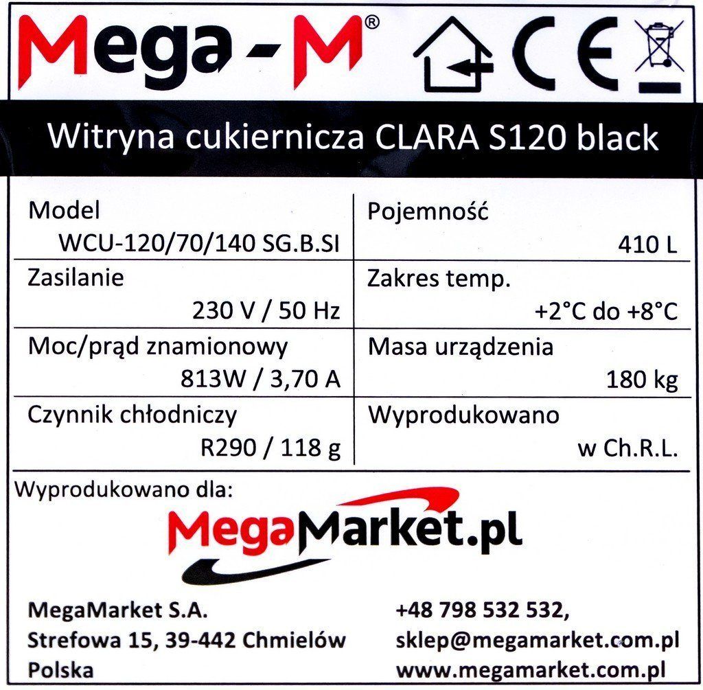 Witryna cukiernicza na cista i torty chłodnicza R120 specyfikacja