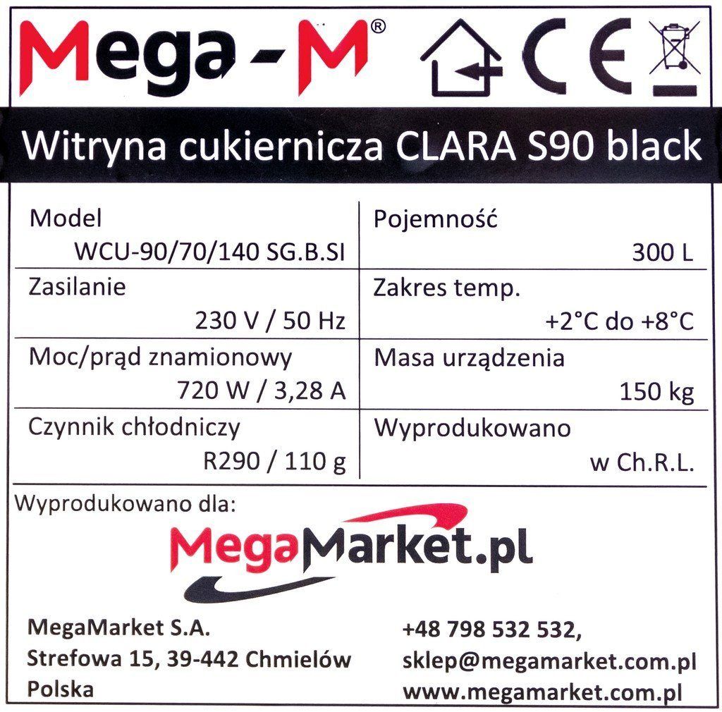 Witryna cukiernicza Clara Mega-M s90 specyfikacja
