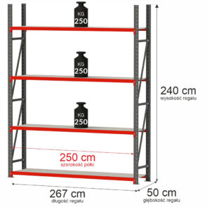 Zdjęcie produktu: Regał metalowy magazynowy 4-półkowy Mega-M FORTIS H-240 cm L-267 cm G-50 cm moduł bazowy