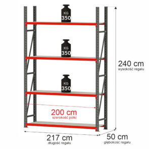 Zdjęcie produktu: Regał metalowy magazynowy 4-półkowy Mega-M FORTIS H-240 cm L-217 cm G-50 cm moduł bazowy