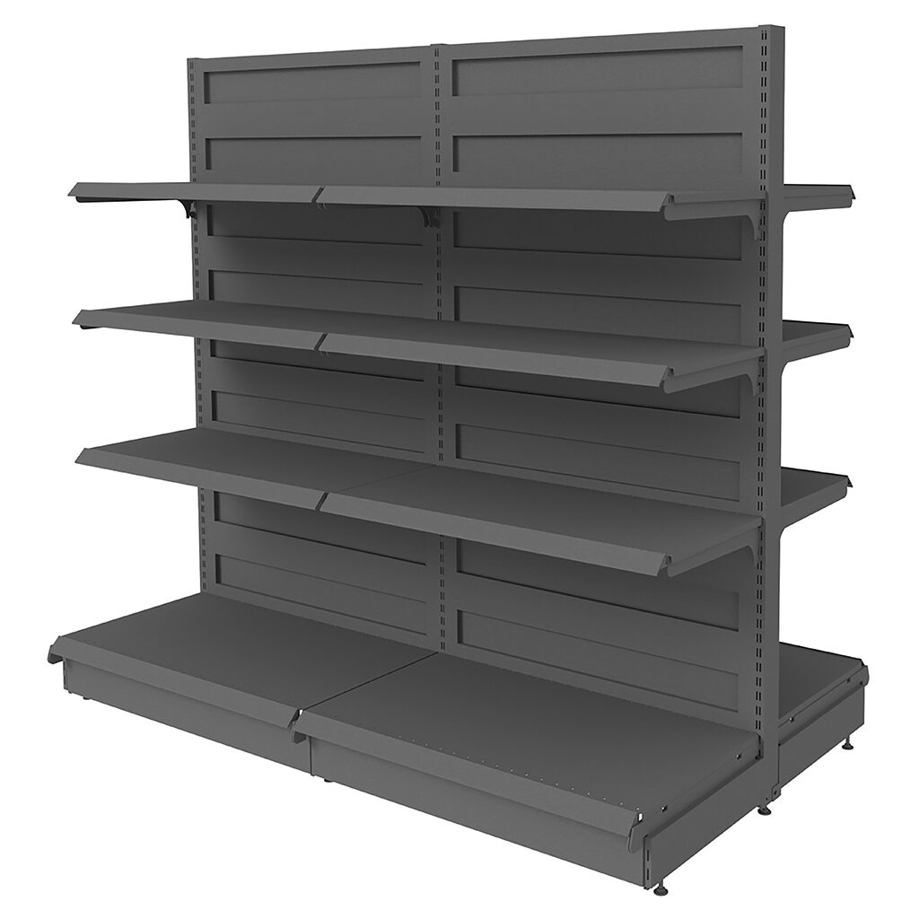 Regał sklepowy gondola firmy Mega-M 165/200/108 12 półek wiszących 4 półki w podstawie