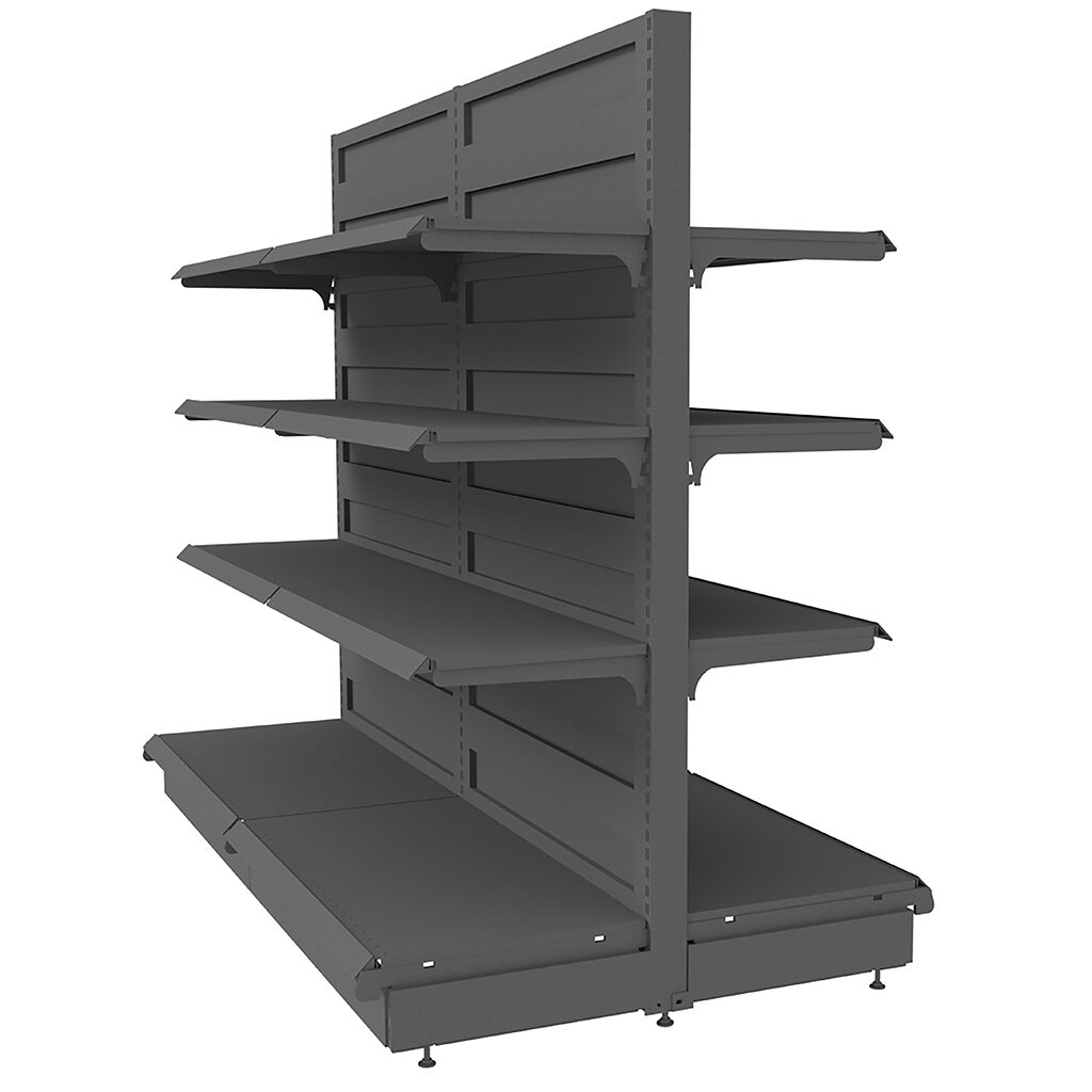 Regał sklepowy gondola firmy Mega-M 165/200/108 12 półek wiszących 4 półki w podstawie