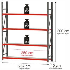 Zdjęcie produktu: Regał metalowy magazynowy 4-półkowy Mega-M FORTIS H-200 cm L-267 cm G-40 cm moduł bazowy