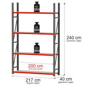 Zdjęcie produktu: Regał metalowy magazynowy 4-półkowy Mega-M FORTIS H-240 cm L-217 cm G-40 cm moduł bazowy