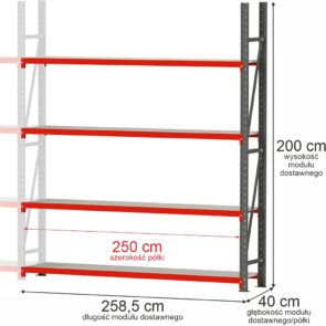 Zdjęcie produktu: Regał metalowy magazynowy 4-półkowy Mega-M FORTIS H-200 cm L-258.5 cm G-40 cm moduł dostawny