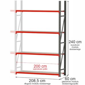 Zdjęcie produktu: Regał metalowy magazynowy 4-półkowy Mega-M FORTIS H-240 cm L-208.5 cm G-60 cm moduł dostawny