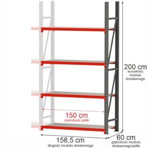 Zdjęcie produktu: Regał metalowy magazynowy 4-półkowy Mega-M FORTIS H-200 cm L-158.5 cm G-60 cm moduł dostawny
