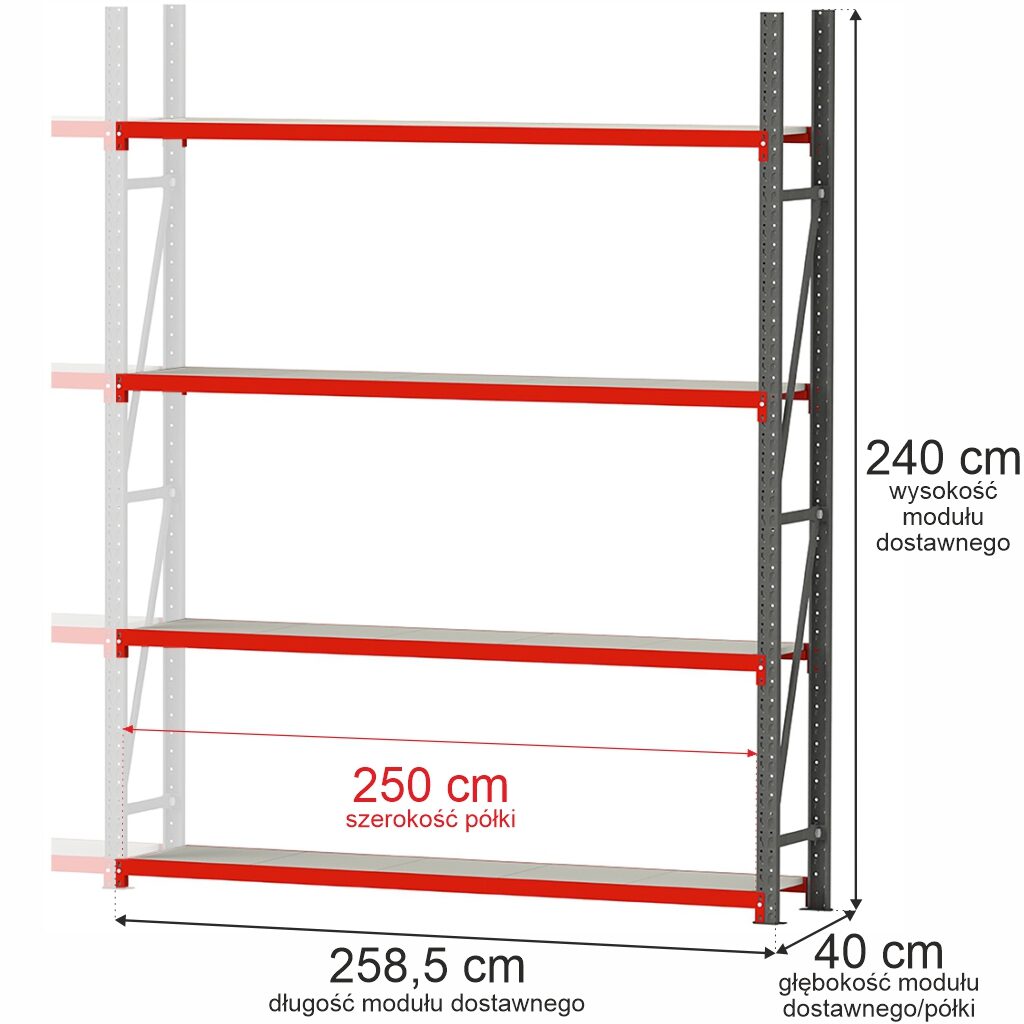 Regał magazynowy metalowy 240x258,5x40 moduł dostawny