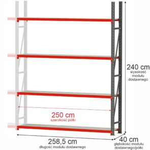 Zdjęcie produktu: Regał metalowy magazynowy 4-półkowy Mega-M FORTIS H-240 cm L-258.5 cm G-40 cm moduł dostawny