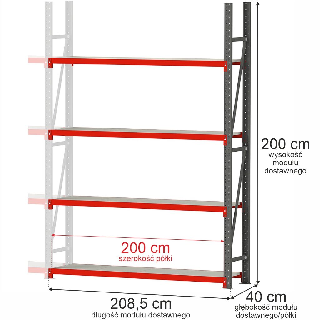Regał metalowy 4-półkowy 200x208,5x40 moduł dostawny