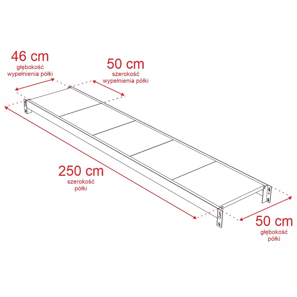 Wymiary półki do regału magazynowego 250x50cm rysunek techniczny
