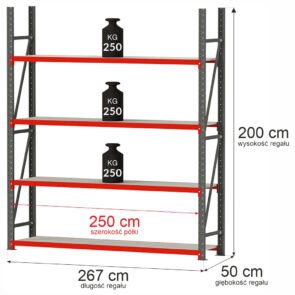 Zdjęcie produktu: Regał metalowy magazynowy 4-półkowy Mega-M FORTIS H-200 cm L-267 cm G-50 cm moduł bazowy
