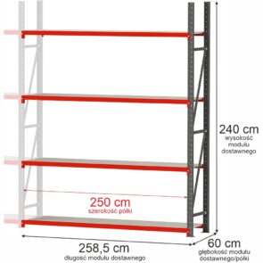 Zdjęcie produktu: Regał metalowy magazynowy 4-półkowy Mega-M FORTIS H-240 cm L-258.5 cm G-60 cm moduł dostawny