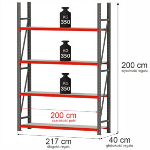 Zdjęcie produktu: Regał metalowy magazynowy 4-półkowy Mega-M FORTIS H-200 cm L-217 cm G-40 cm moduł bazowy