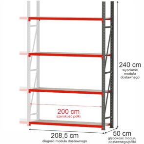 Zdjęcie produktu: Regał metalowy magazynowy 4-półkowy Mega-M FORTIS H-240 cm L-208.5 cm G-50 cm moduł dostawny