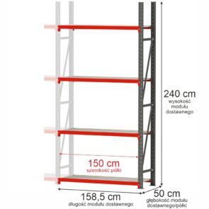 Zdjęcie produktu: Regał metalowy magazynowy 4-półkowy Mega-M FORTIS H-240 cm L-158.5 cm G-50 cm moduł dostawny