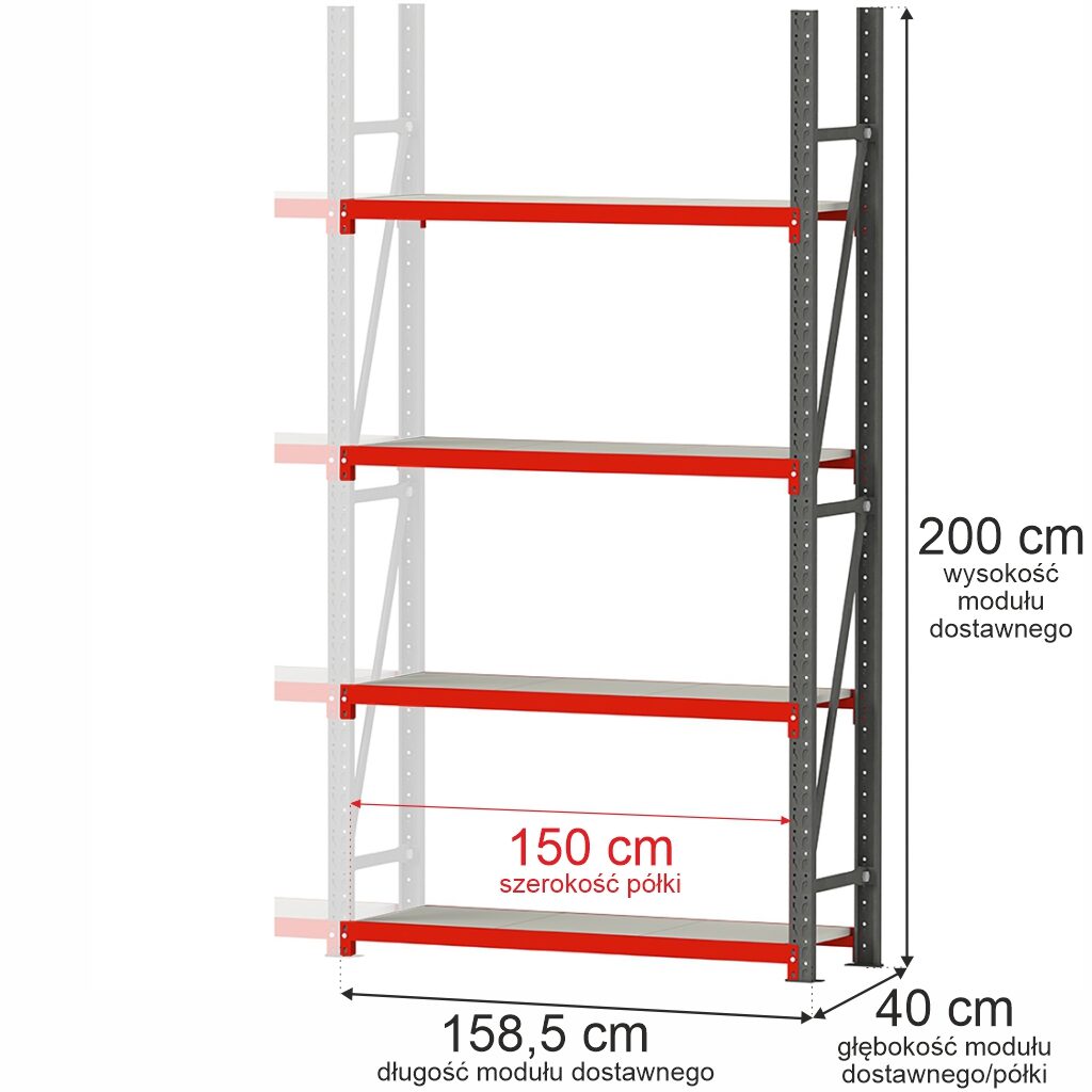 Regał magazynowy 4-półkowy 200x158,5x40 moduł dostawny