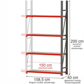 Zdjęcie produktu: Regał metalowy magazynowy 4-półkowy Mega-M FORTIS H-200 cm L-158.5 cm G-40 cm moduł dostawny