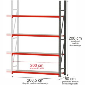 Zdjęcie produktu: Regał metalowy magazynowy 4-półkowy Mega-M FORTIS H-200 cm L-208.5 cm G-50 cm moduł dostawny