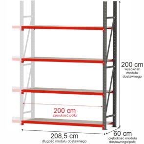 Zdjęcie produktu: Regał metalowy magazynowy 4-półkowy Mega-M FORTIS H-200 cm L-208.5 cm G-60 cm moduł dostawny