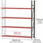 Zdjęcie produktu: Regał metalowy magazynowy 4-półkowy Mega-M FORTIS H-200 cm L-258.5 cm G-50 cm moduł dostawny