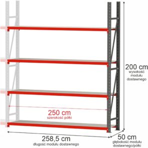 Zdjęcie produktu: Regał metalowy magazynowy 4-półkowy Mega-M FORTIS H-200 cm L-258.5 cm G-50 cm moduł dostawny