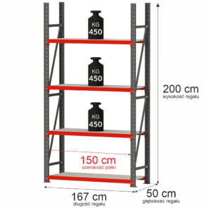 Zdjęcie produktu: Regał metalowy magazynowy 4-półkowy Mega-M FORTIS H-200 cm L-167 cm G-50 cm moduł bazowy