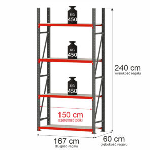 Zdjęcie produktu: Regał metalowy magazynowy 4-półkowy Mega-M FORTIS H-240 cm L-167 cm G-60 cm moduł bazowy