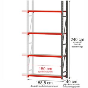 Zdjęcie produktu: Regał metalowy magazynowy 4-półkowy Mega-M FORTIS H-240 cm L-158.5 cm G-40 cm moduł dostawny
