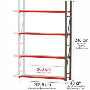 Zdjęcie produktu: Regał metalowy magazynowy 4-półkowy Mega-M FORTIS H-240 cm L-208.5 cm G-40 cm  moduł dostawny