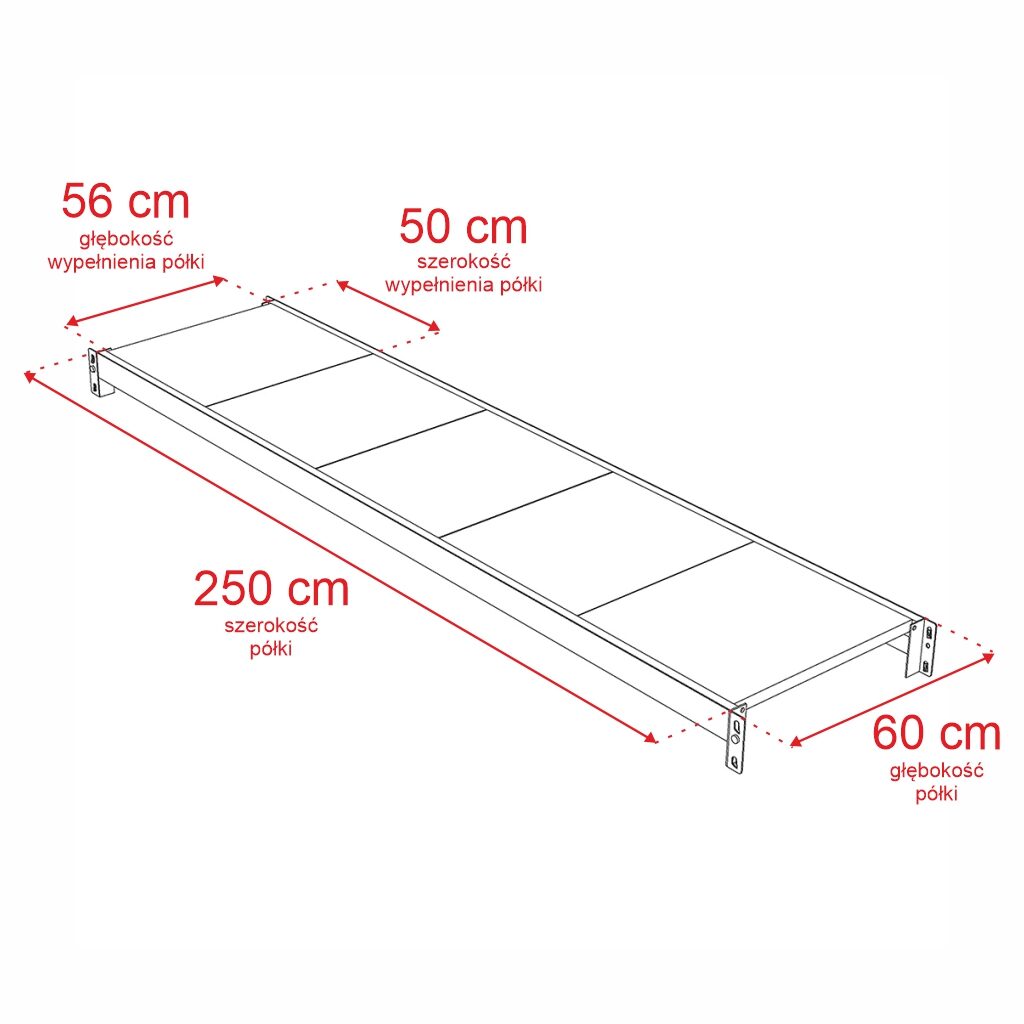 Półka do regału magazynowego rysunek techniczny 250x60cm