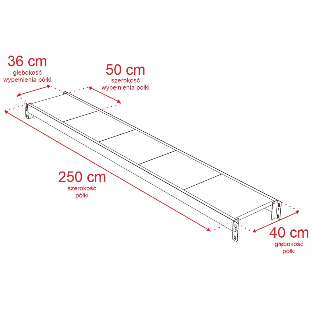Wymiary półki do regału magazynowego na rysunku technicznym 250x40cm