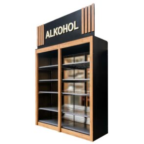 Regał na alkohol z banerem Mega-M H-240 cm L-207 cm G-72 cm czarny