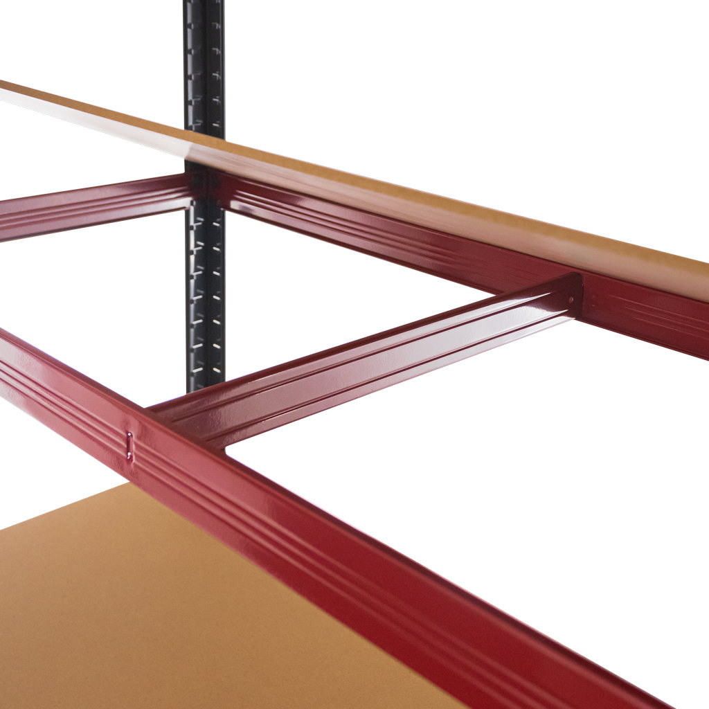 Regał magazynowy Mega-M BASIC PLUS H-180 cm L-120 cm G- 45 cm 5 półek z MDF 6.8 mm 275 kg grafitowo-czerwony