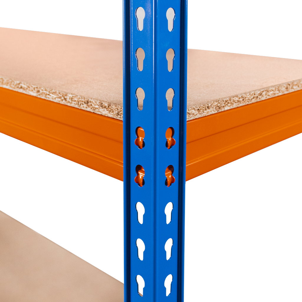 Regał magazynowy Mega-M PRO MAX H-180 cm L-120 cm G-45 cm 4 półki z MDF 15 mm 500 kg niebiesko-pomarańczowy