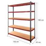 Zdjęcie produktu: Regał magazynowy Mega-M BASIC PLUS H-180 cm L-150 cm G-45 cm 5 półek z MDF 6.8 mm 275 kg grafitowo-czerwony