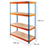 Zdjęcie produktu: Regał magazynowy Mega-M PRO MAX H-180 cm L-120 cm G-60 cm 4 półki z MDF 15 mm 500 kg niebiesko-pomarańczowy