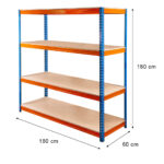 Zdjęcie produktu: Regał magazynowy Mega-M PRO MAX H-180 cm L-180 cm G-60 cm 4 półki z MDF 15 mm 500 kg niebiesko-pomarańczowy