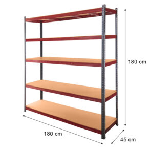 Zdjęcie produktu: Regał magazynowy Mega-M BASIC PLUS H-180 cm L-180 cm G-45 cm 5 półek z MDF 6.8 mm 275 kg grafitowo-czerwony