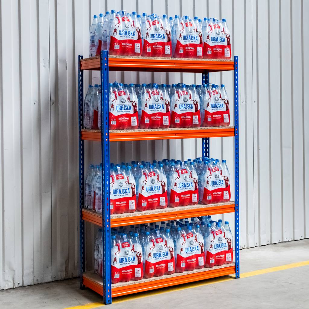 Regał magazynowy Mega-M PRO MAX H-180 cm L-120 cm G-60 cm 4 półki z MDF 15 mm 500 kg niebiesko-pomarańczowy