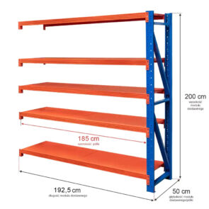 Zdjęcie produktu: Regał metalowy magazynowy 5-półkowy Mega-M FORTIS LIGHT H-200 cm L-192.5 cm G-50 cm moduł dostawny