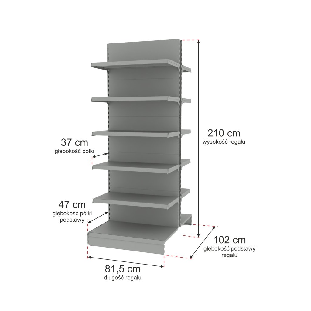 Regał sklepowy MAGO gondola H-210 cm L-81.5 cm moduł dostawny jasny szary-MPP000736 wymiarowanie