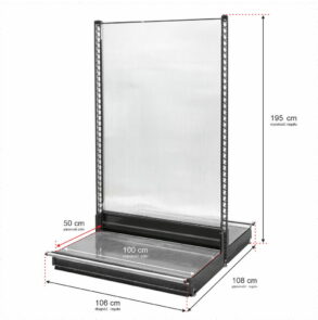 Zdjęcie produktu: Regał sklepowy WANZL dwustronny H-195 cm L-106 cm bez półek tył poliwęglan moduł bazowy