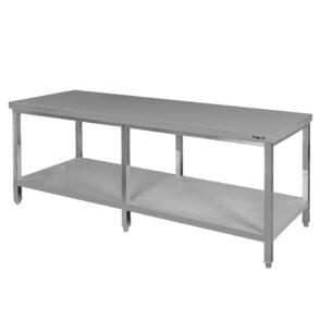 Zdjęcie produktu: Stół gastronomiczny ze stali nierdzewnej centralny z półką i 6 nogami Mega-M 220x70x85 cm